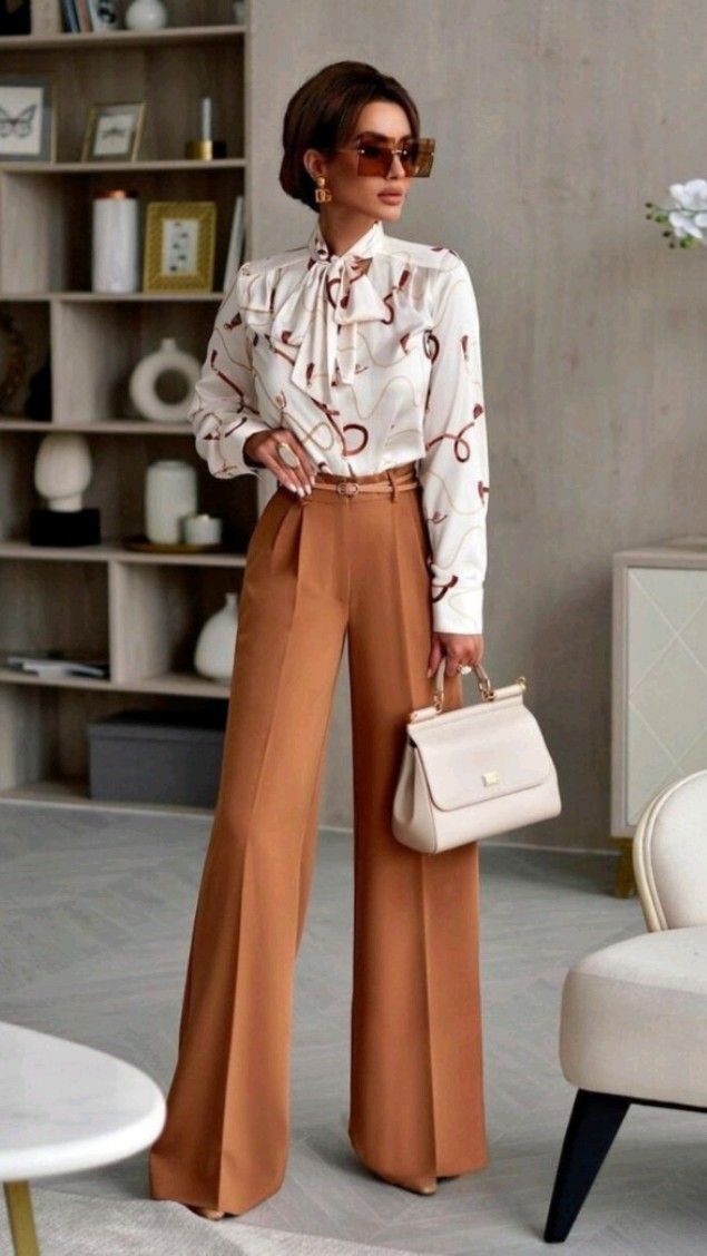 Brown Pants and Patterned Blouse